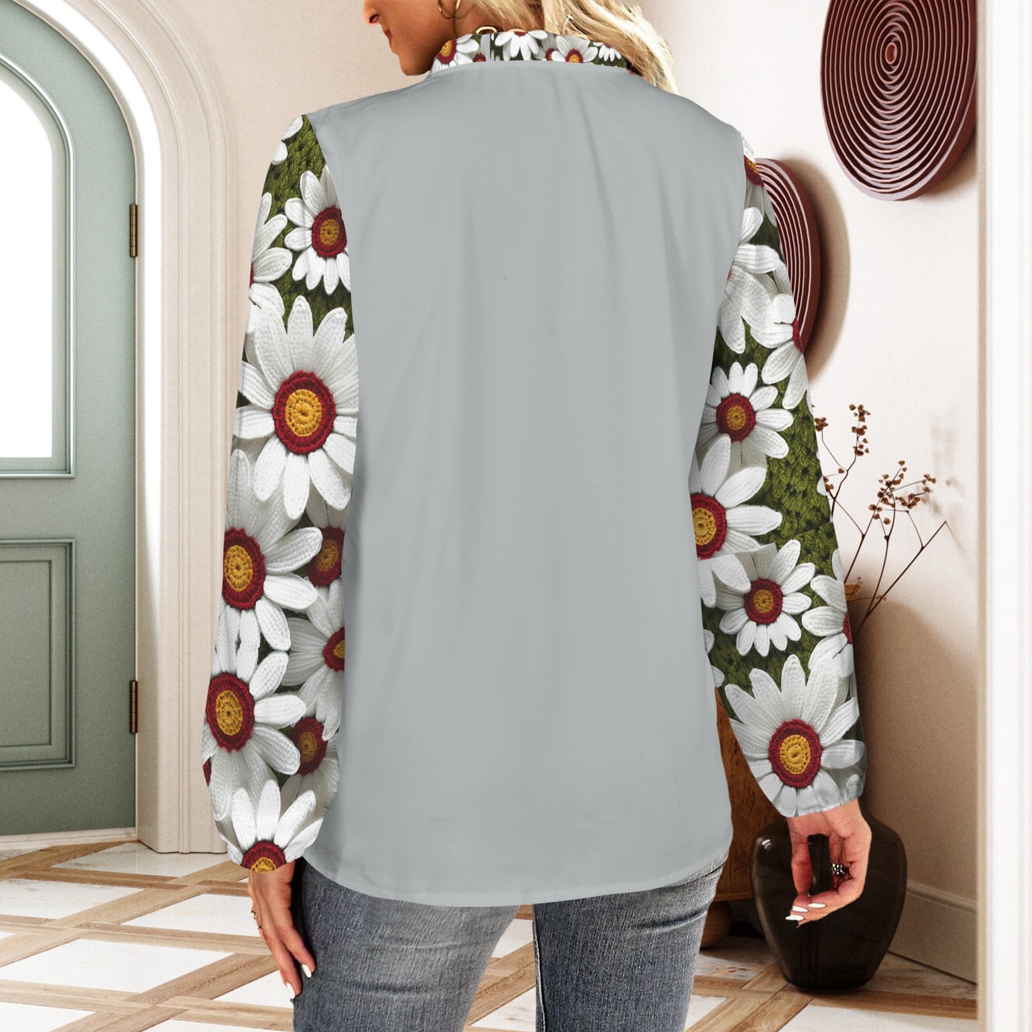 Boho Crochet Daisies - Ruffle Collar & Placket Long Sleeve Top  - Stone Gray