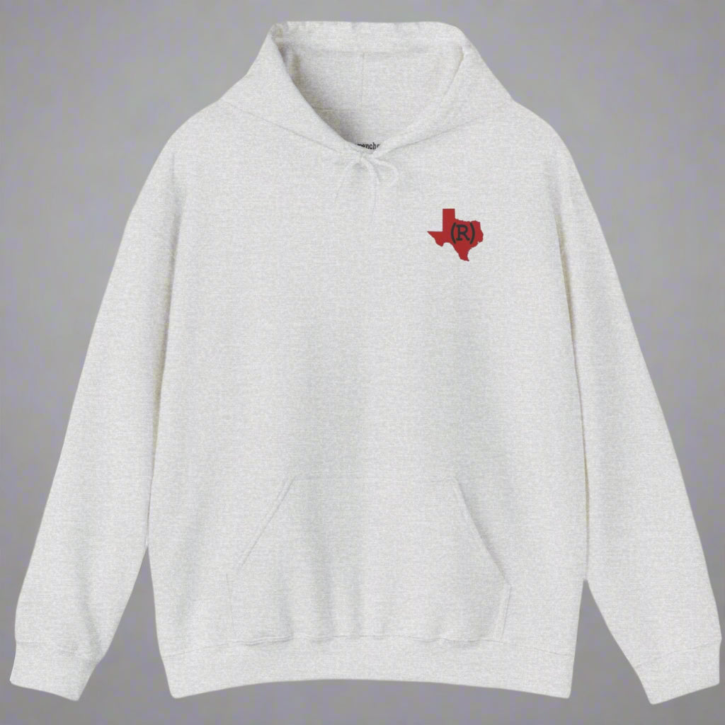 White hoodie sweatshirt imprinted with a red shape of Texas on the chest which has a Republican (R) over the top. 