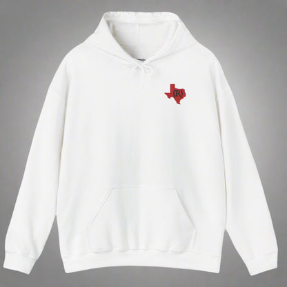 White hoodie sweatshirt imprinted with a red shape of Texas on the chest which has a Republican (R) over the top. 