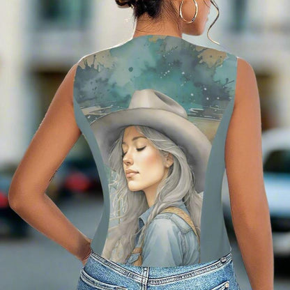 Watercolor Cowgirl Button-Front Fashion Vest - Gray