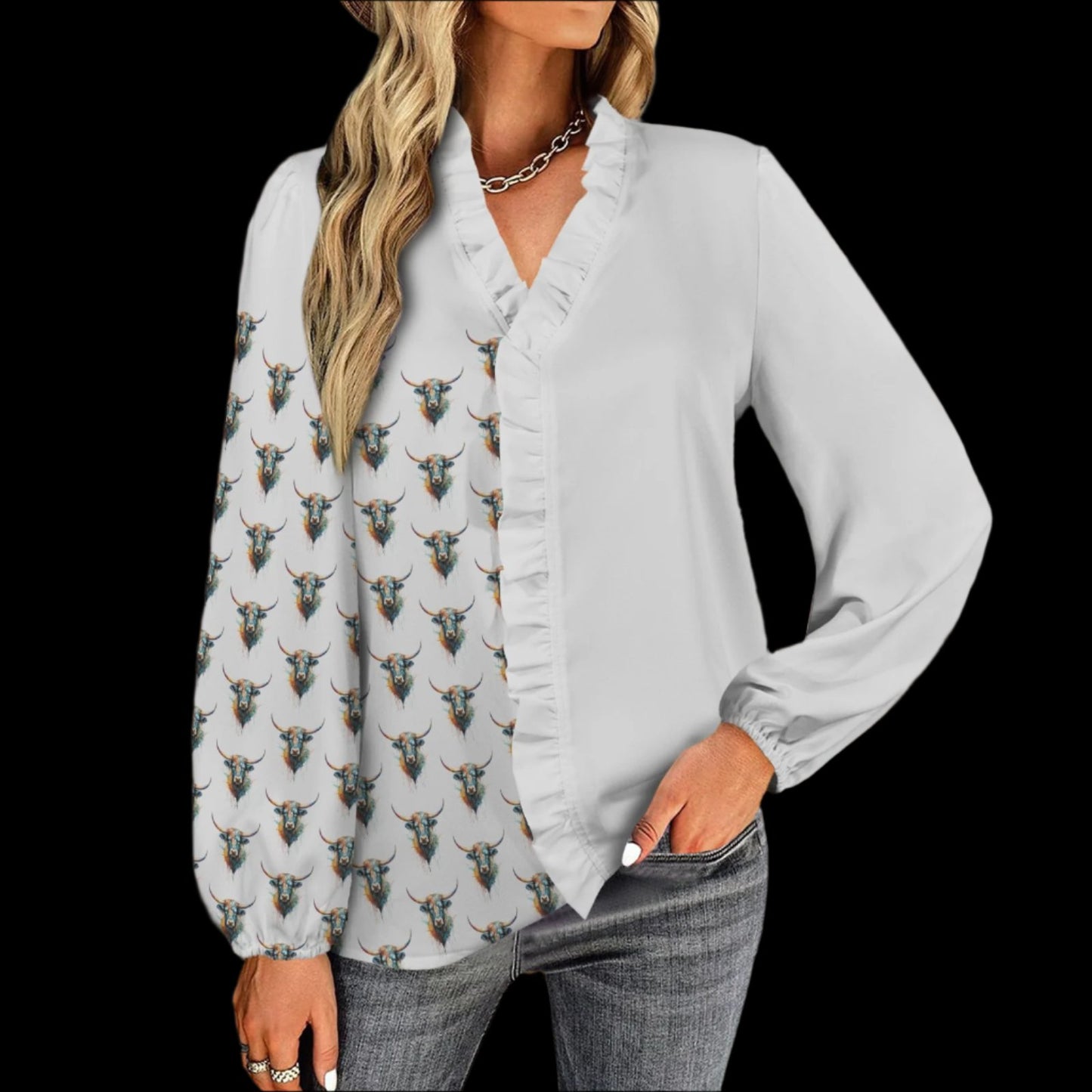 Watercolor Steer Pullover Ruffle Front - Stone Gray