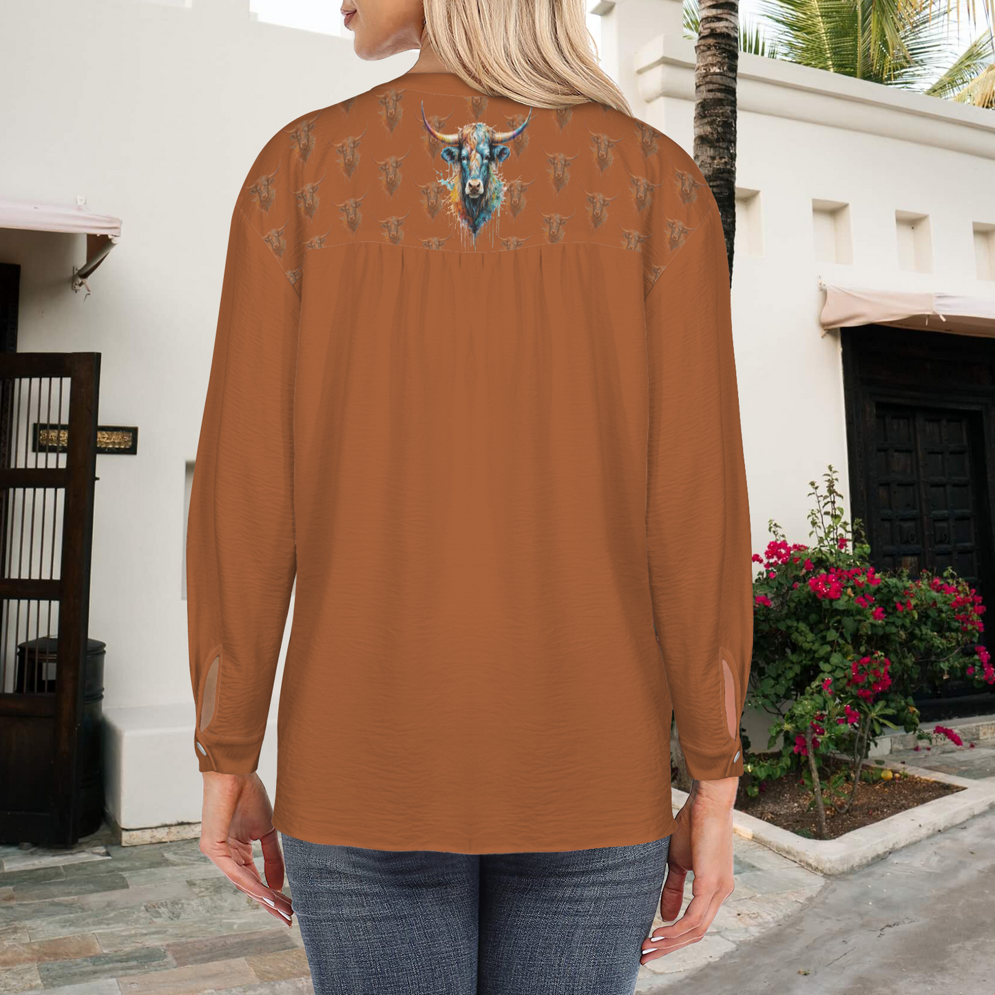 Watercolor Steer V-Neck Pullover Blouse - Russet / Russet