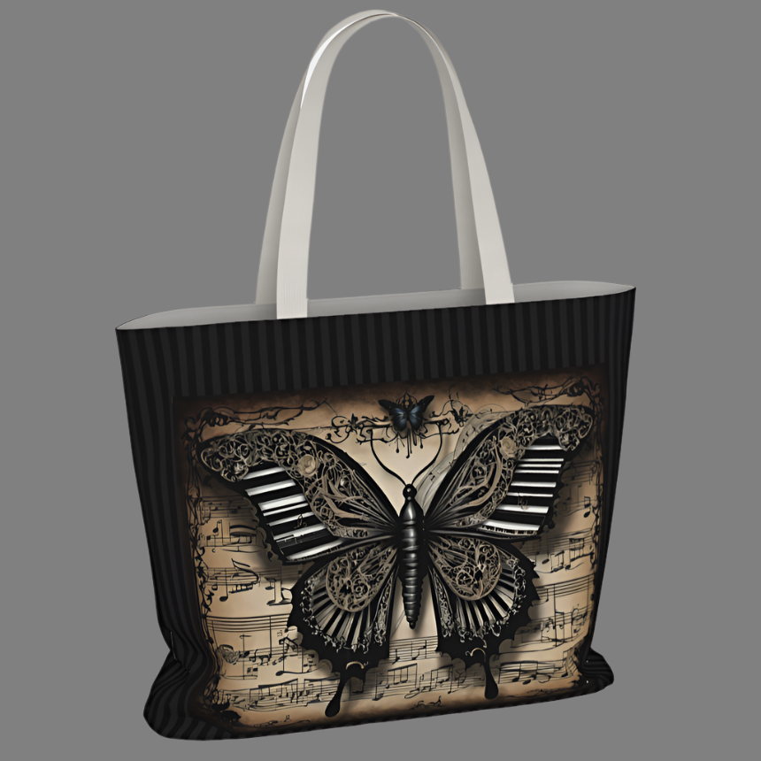 Ornate, gothic influence imprint of butterfly with piano key and steampunk influences over antiqued  sheet music and black on black stripes on a double-sided tote bag. 