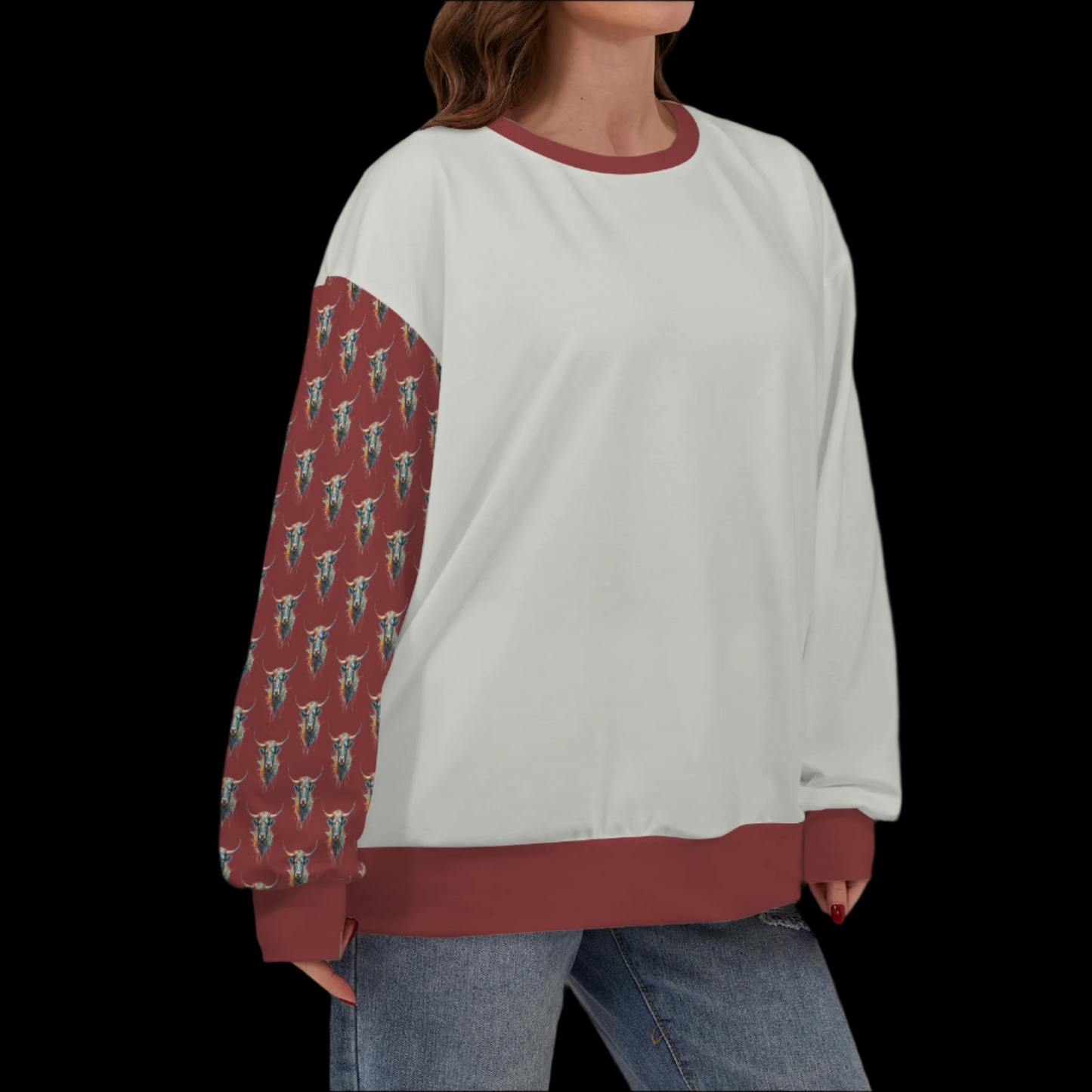 Watercolor Steer Crew Neck Dropped Shoulder Sweatshirt - Stone Gray / Winter Wine