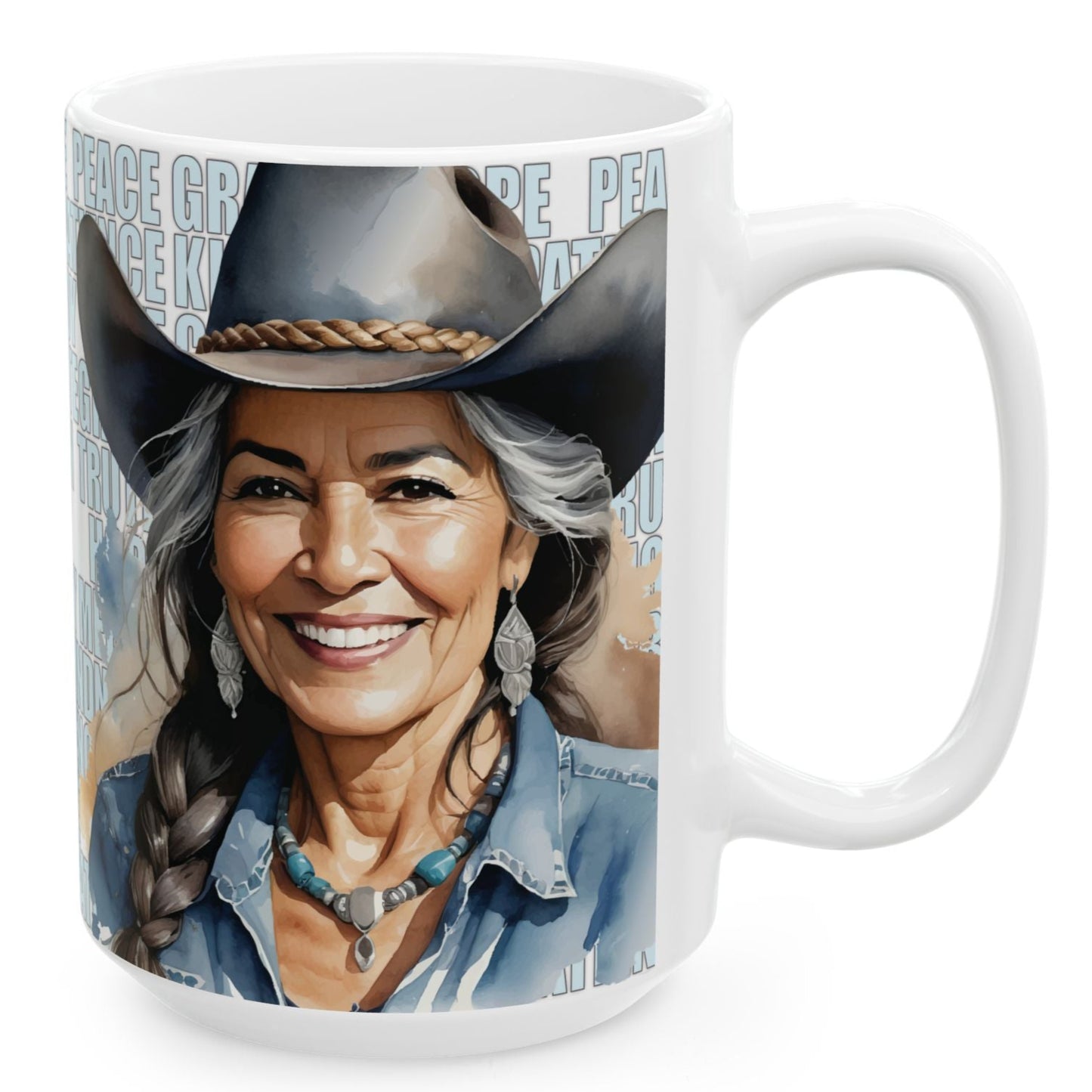 DELIAH. Our happiest cowgirls grace these 11 oz and 15 oz white ceramic mugs. We've also added a plethora of positive words to help get your day off to the right start. Glossy finish. 