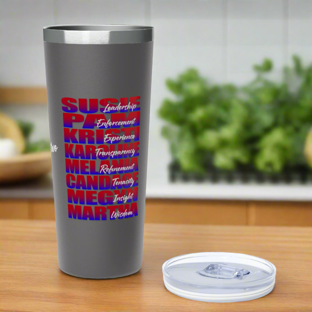 Stainless steel tumbler with snug plastic lid with rubber gasket. Available 3 colors. Celebrate the strong women of the Republican party and the Trump administrations victories for the American people every day!