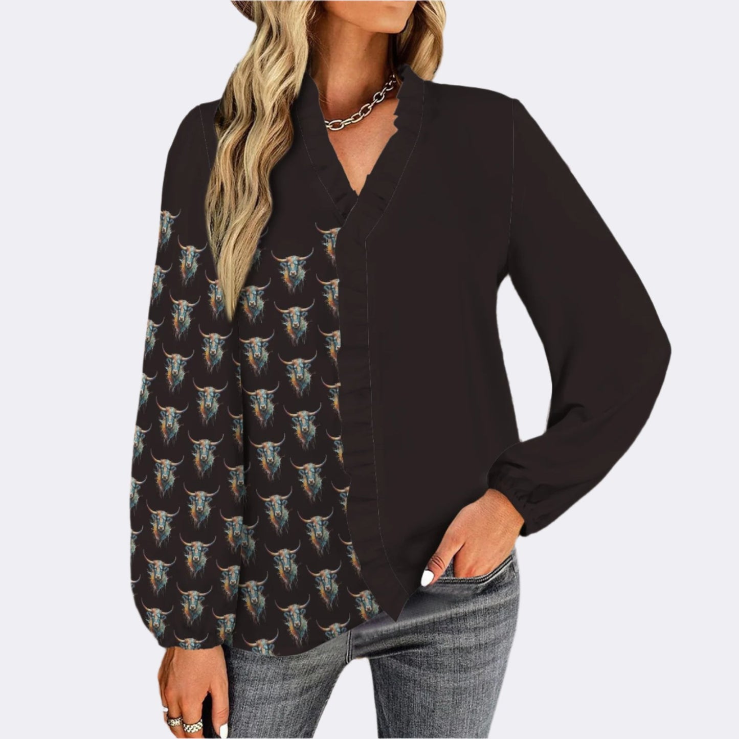 Watercolor Steer Pullover Ruffle Front - Jet Black