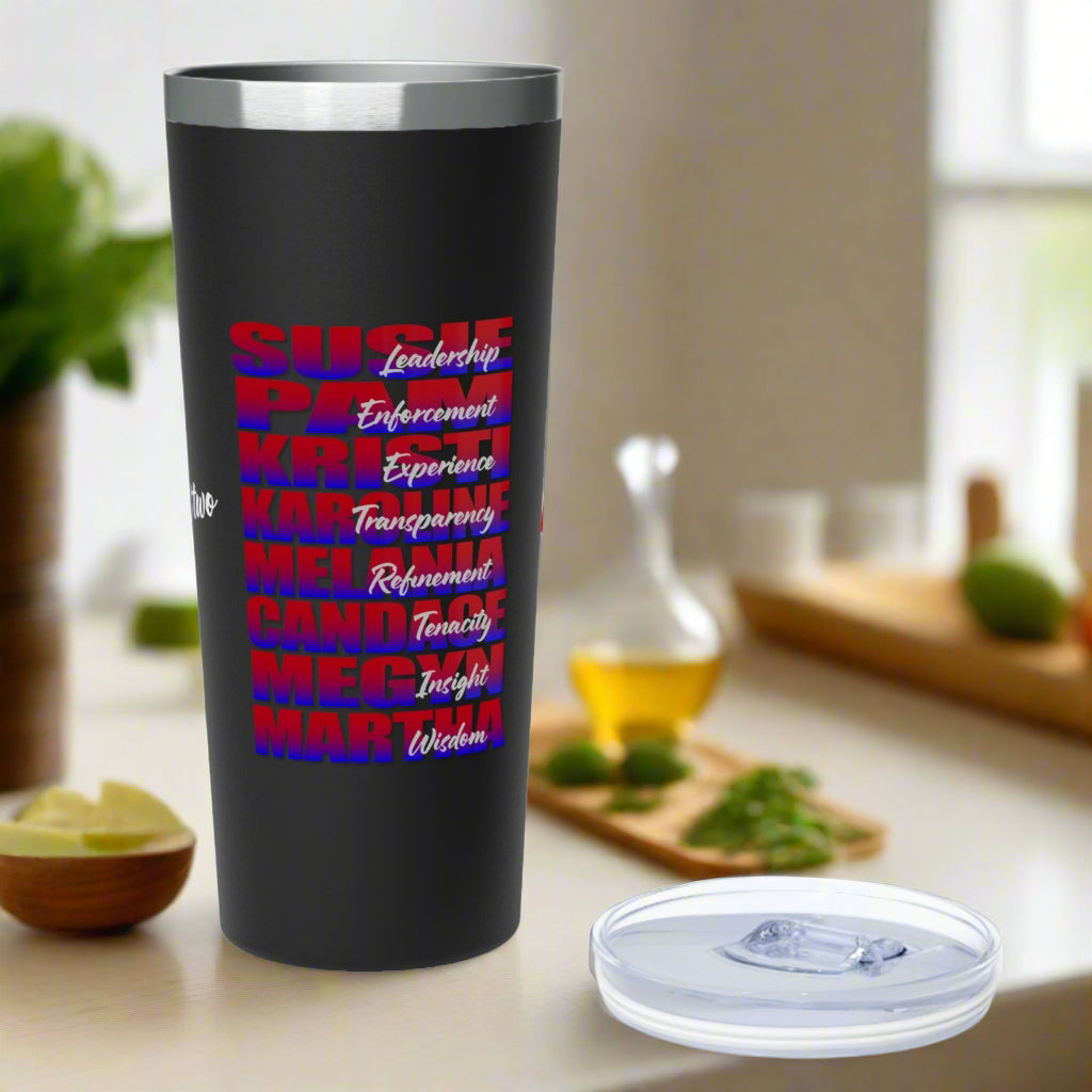 Stainless steel tumbler with snug plastic lid with rubber gasket. Available 3 colors. Celebrate the strong women of the Republican party and the Trump administrations victories for the American people every day!