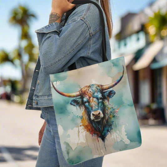 Large canvas tote with black handles. Imprinted with pretty watercolor background and colorful steer head on both sides. Available in 3 sizes. 