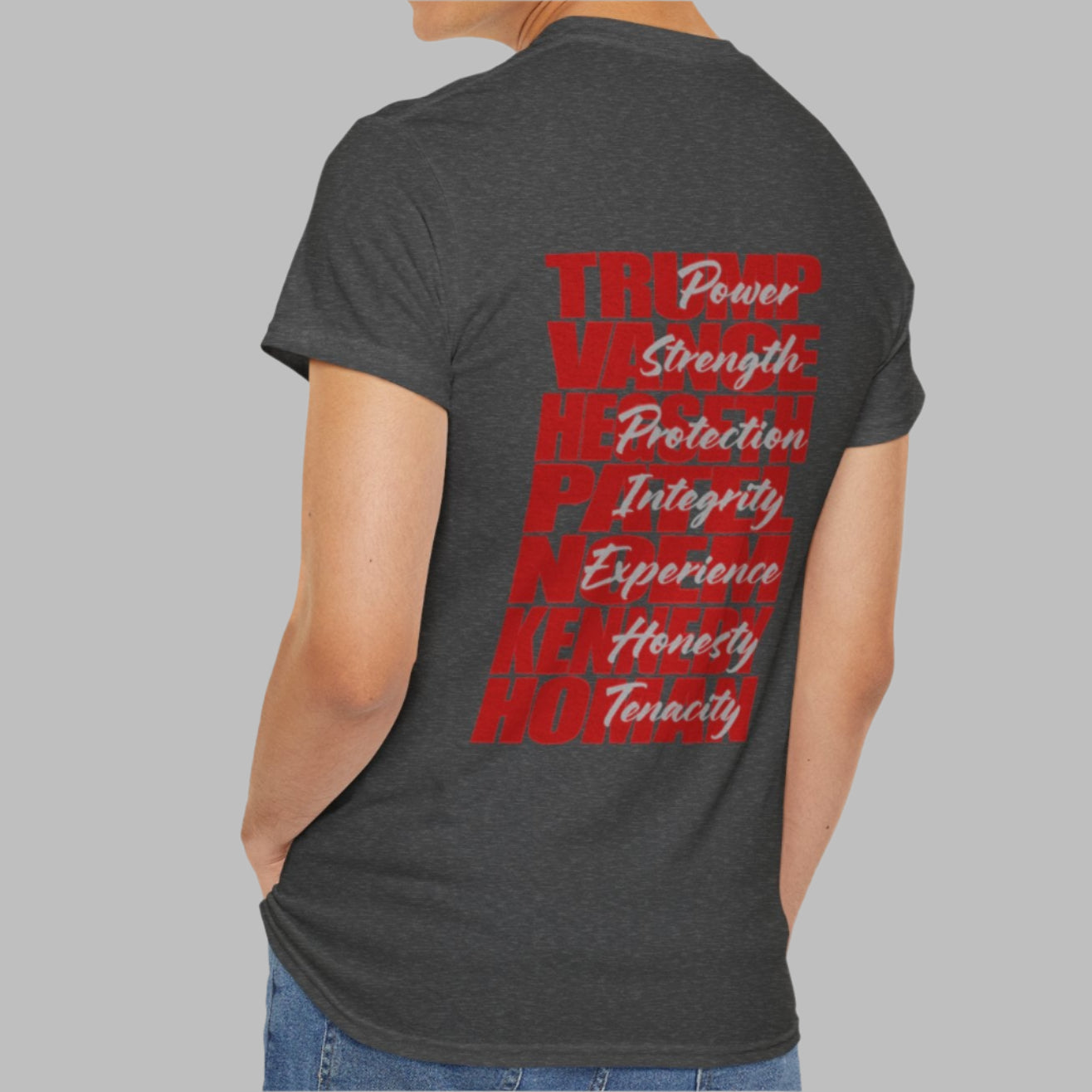 Cotton t-shirt imprinted in red with a gray overprint on the back of the names and strongest qualities of President Trump and his cabinet members / nominees. The front is imprinted on the left chest with 45/47 and the word Restoration overprinted in gray. 