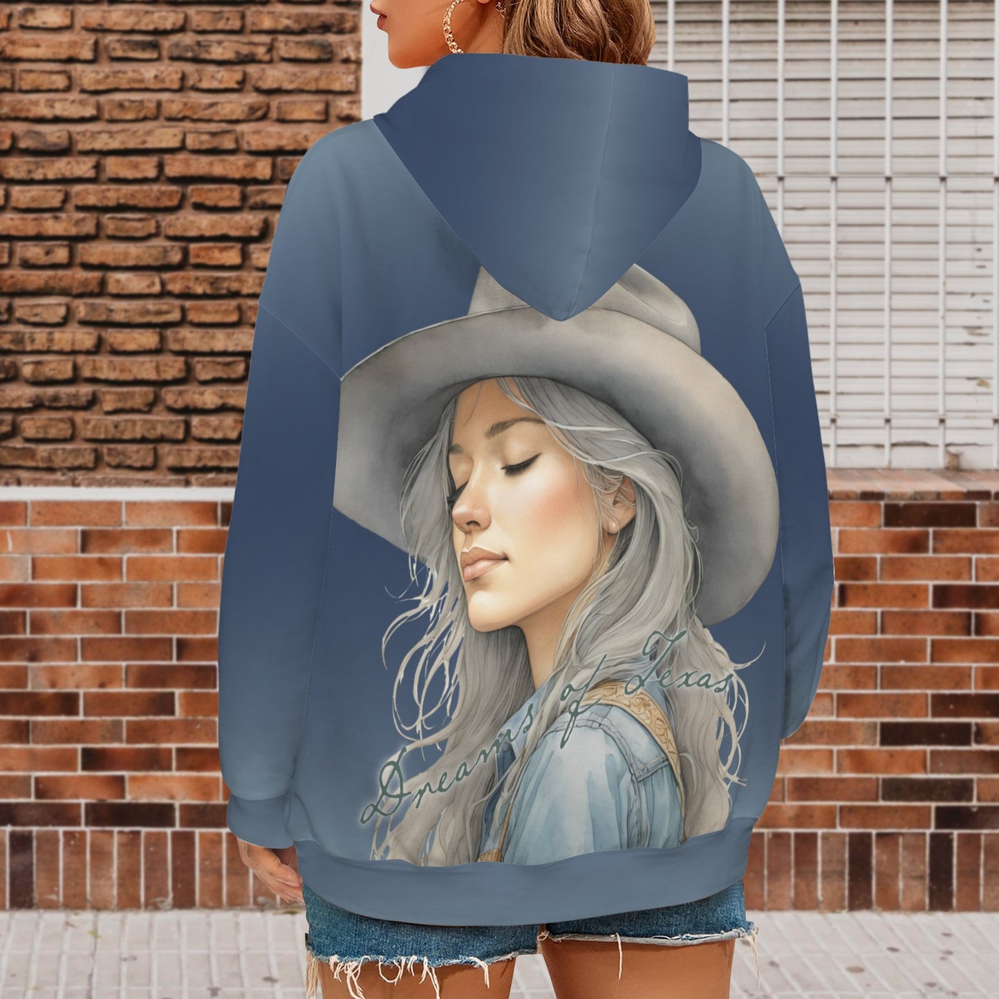 Dreaming Cowgirl All-Over-Print Oversized Hoodie - Denim Blue