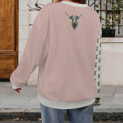 Watercolor Steer Crew Neck Dropped Shoulder Sweatshirt - Dusty Rose/ Pebble Gray