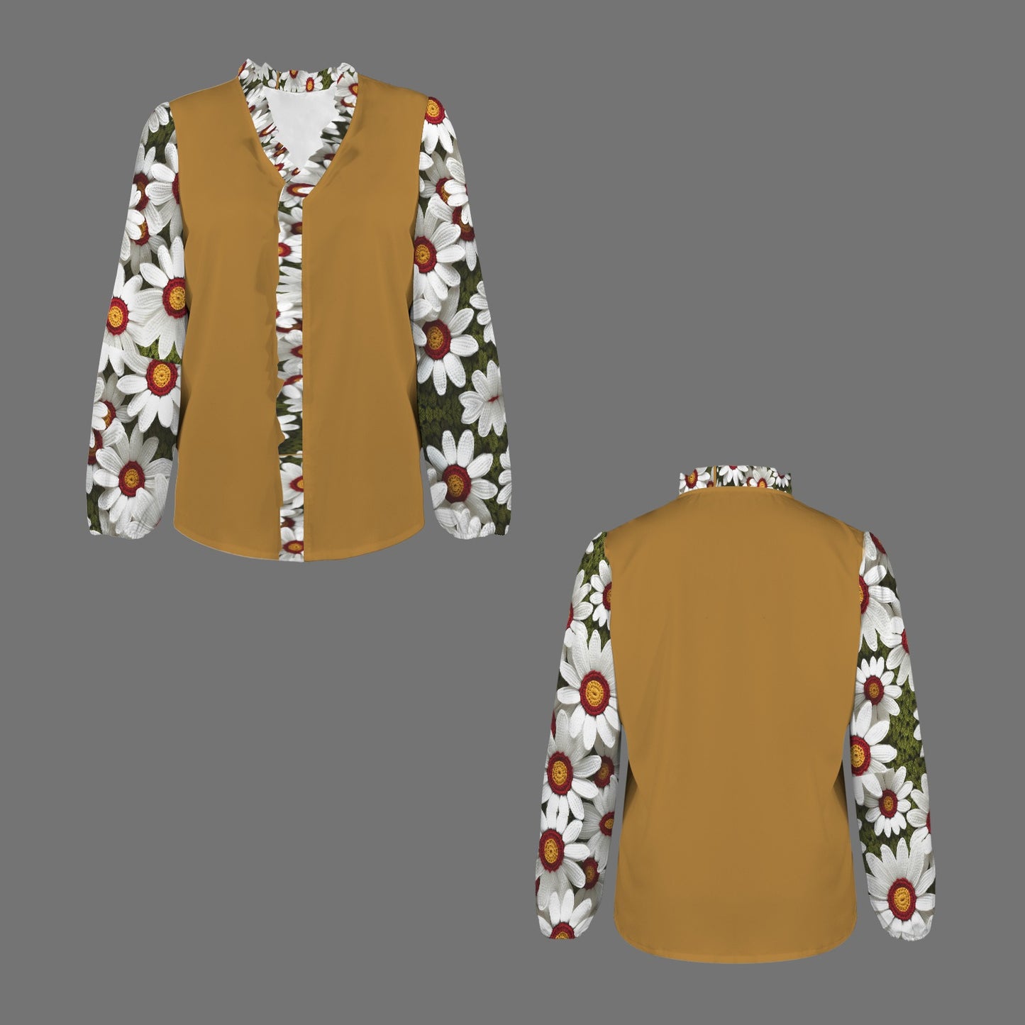 Boho Crochet Daisies - Ruffle Collar & Placket Long Sleeve Top - Buckthorn Brown