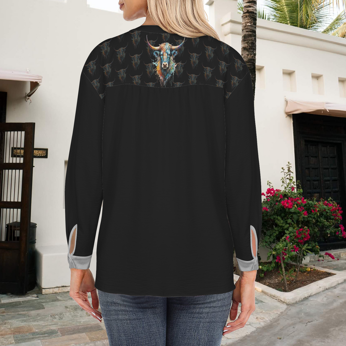 Watercolor Steer V-Neck Pullover Blouse - Jet Black / Stone Gray