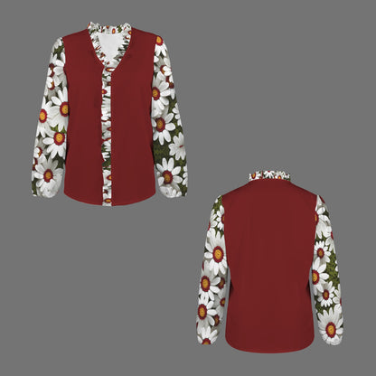 Boho Crochet Daisies - Ruffle Collar & Front Detail Long Sleeve Top - Burgundy