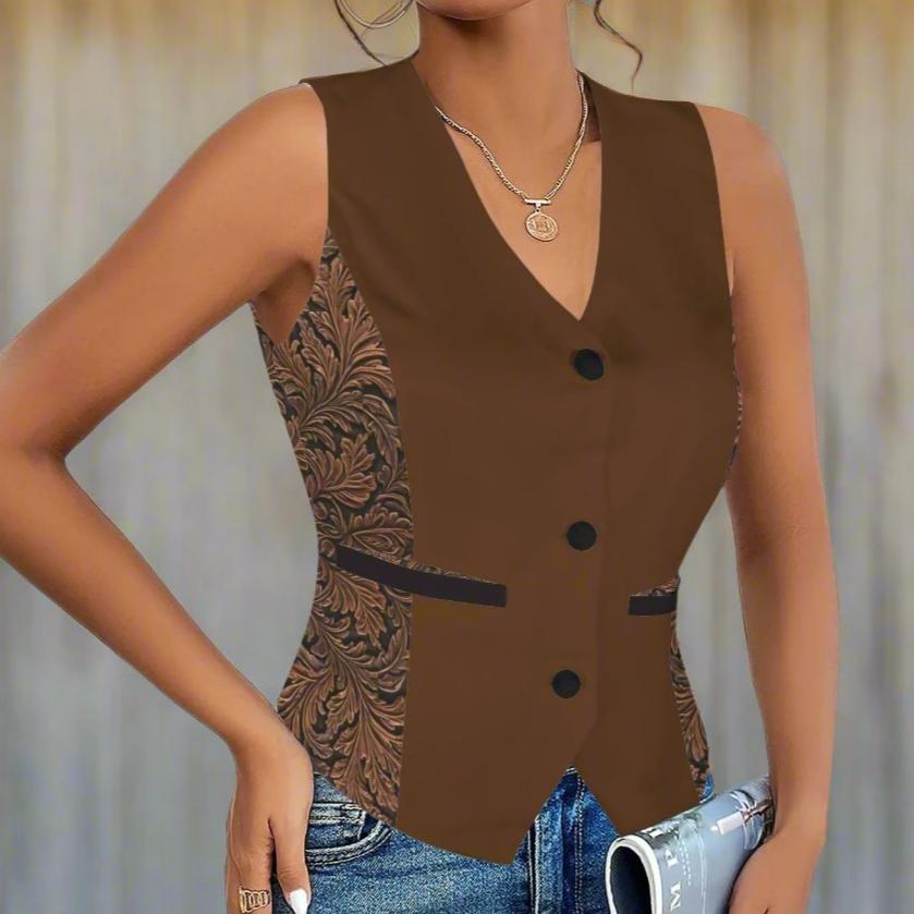 Cognac Fashion Vest with Tooled Leather-Look Panels and Button Front