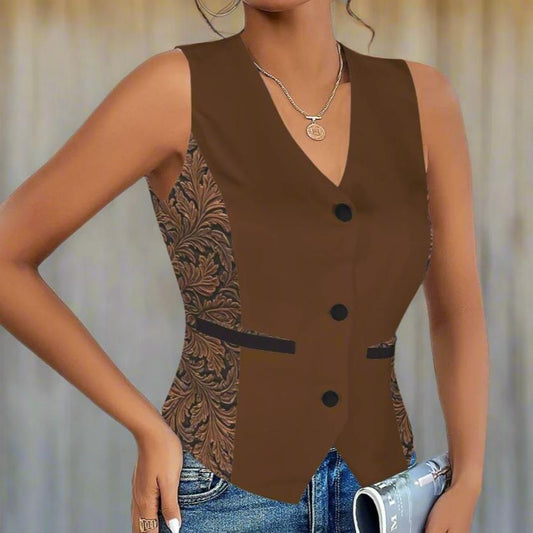 Cognac Fashion Vest with Tooled Leather-Look Panels and Button Front