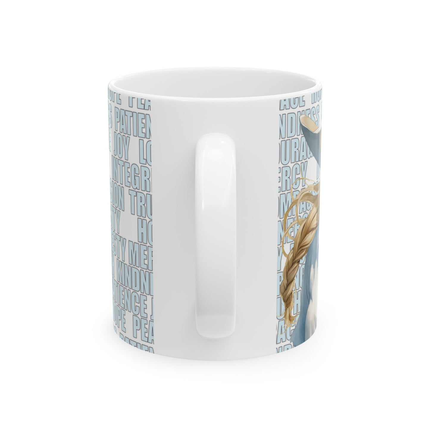 Joyful Young Blond Cowgirl and Positive Words White Ceramic Mug, (11oz or 15oz)