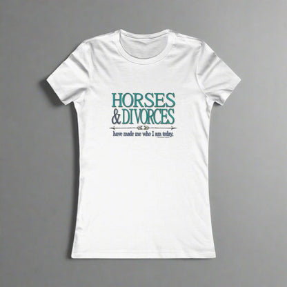 Crew neck, fitted t-shirt imprinted on the front with Horses & Divorces. Slim fit. Longer silhouette.