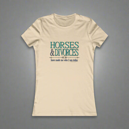 Crew neck, fitted t-shirt imprinted on the front with Horses & Divorces. Slim fit. Longer silhouette.