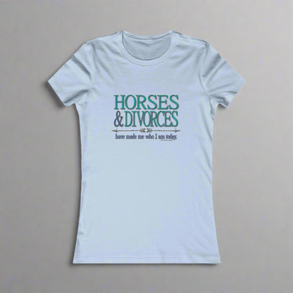 Crew neck, fitted t-shirt imprinted on the front with Horses & Divorces. Slim fit. Longer silhouette.