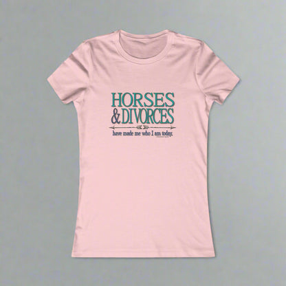 Crew neck, fitted t-shirt imprinted on the front with Horses & Divorces. Slim fit. Longer silhouette.