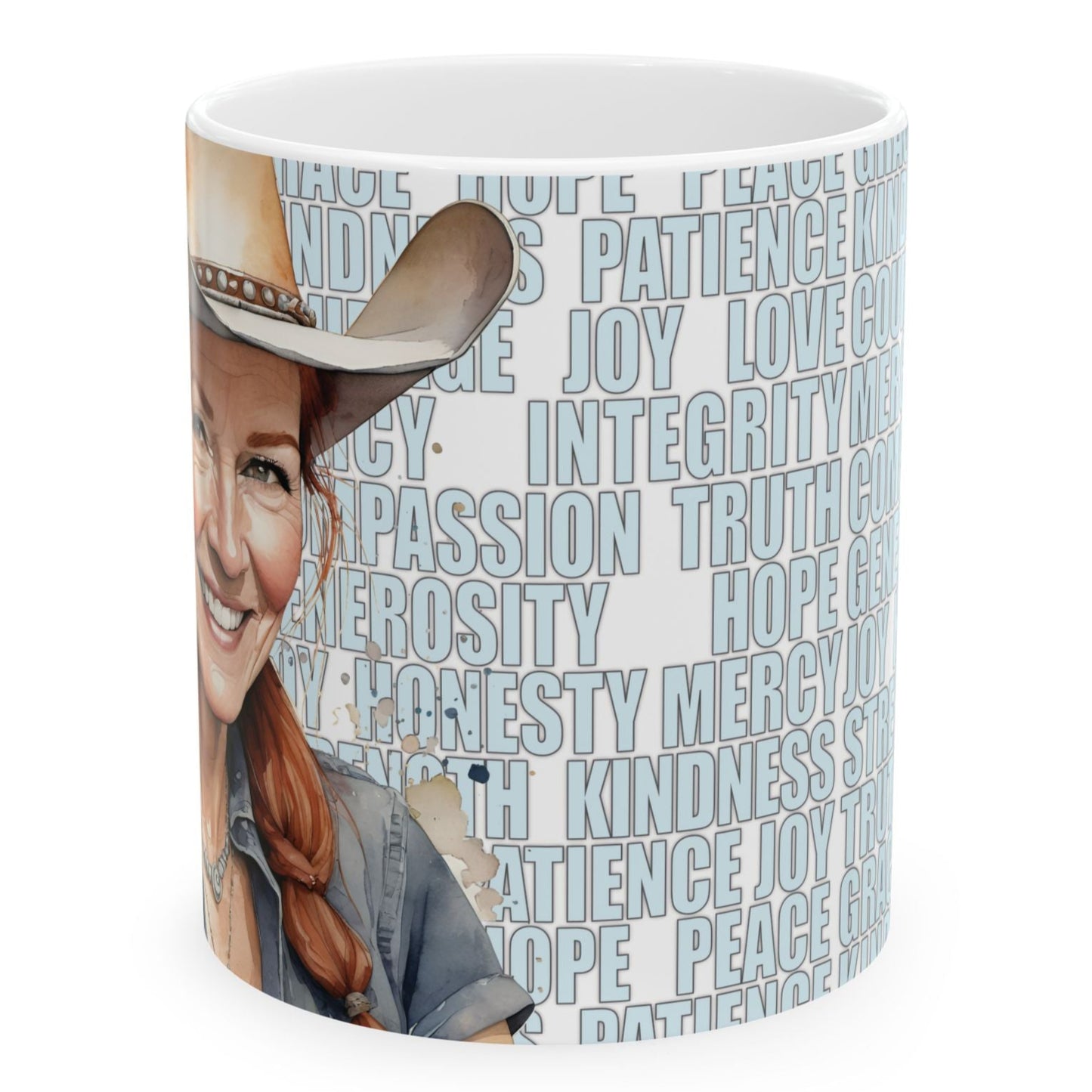 Joyful "Tracy" Redhead Ginger Cowgirl and Positive Words White Ceramic Mug (11oz or 15oz)