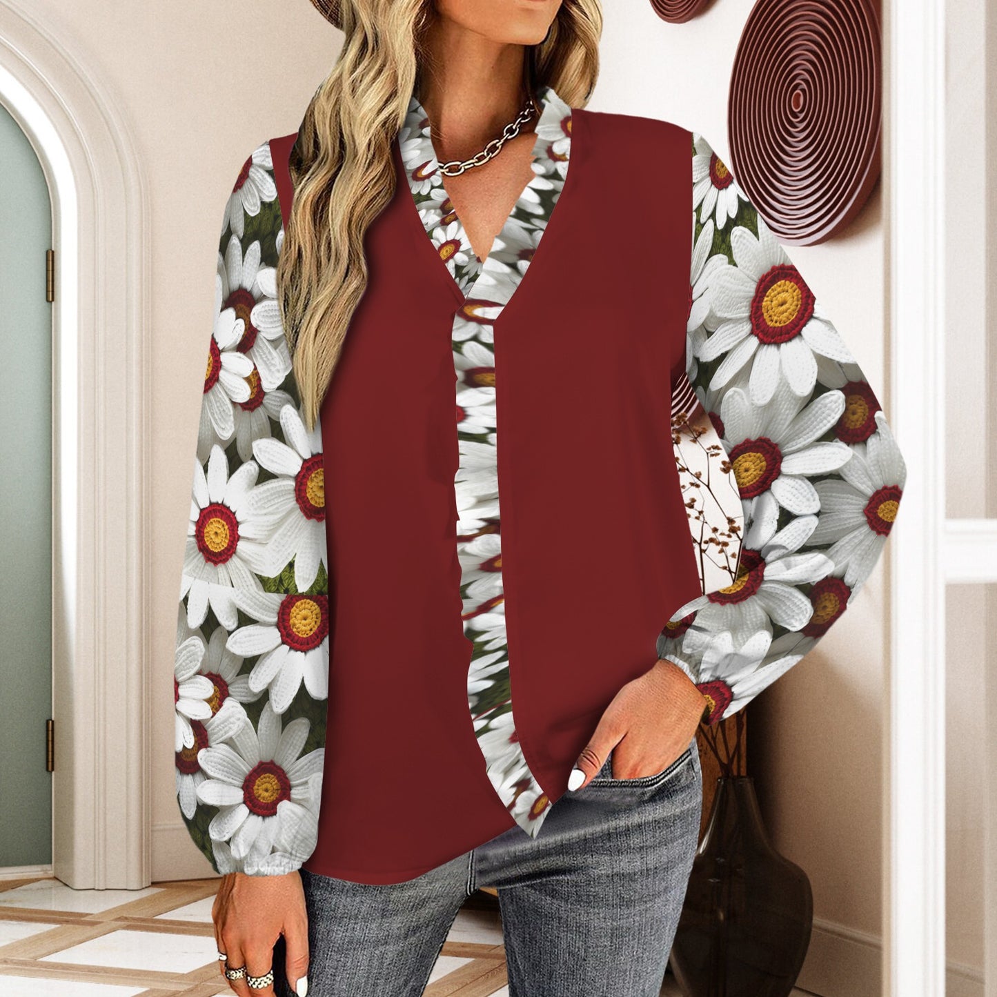 Boho Crochet Daisies - Ruffle Collar & Front Detail Long Sleeve Top - Burgundy