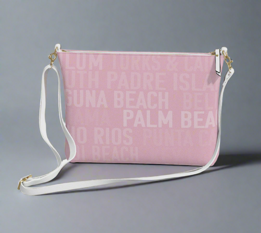 Pretty Pink Vegan Leather Cross Body Bag with Beaches and Sunny Destinations