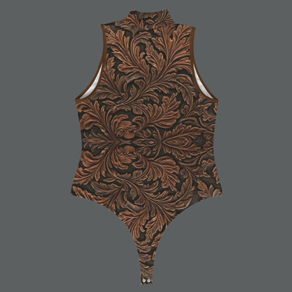 Tooled Leather-Look Mock Neck Sleeveless Body Suit