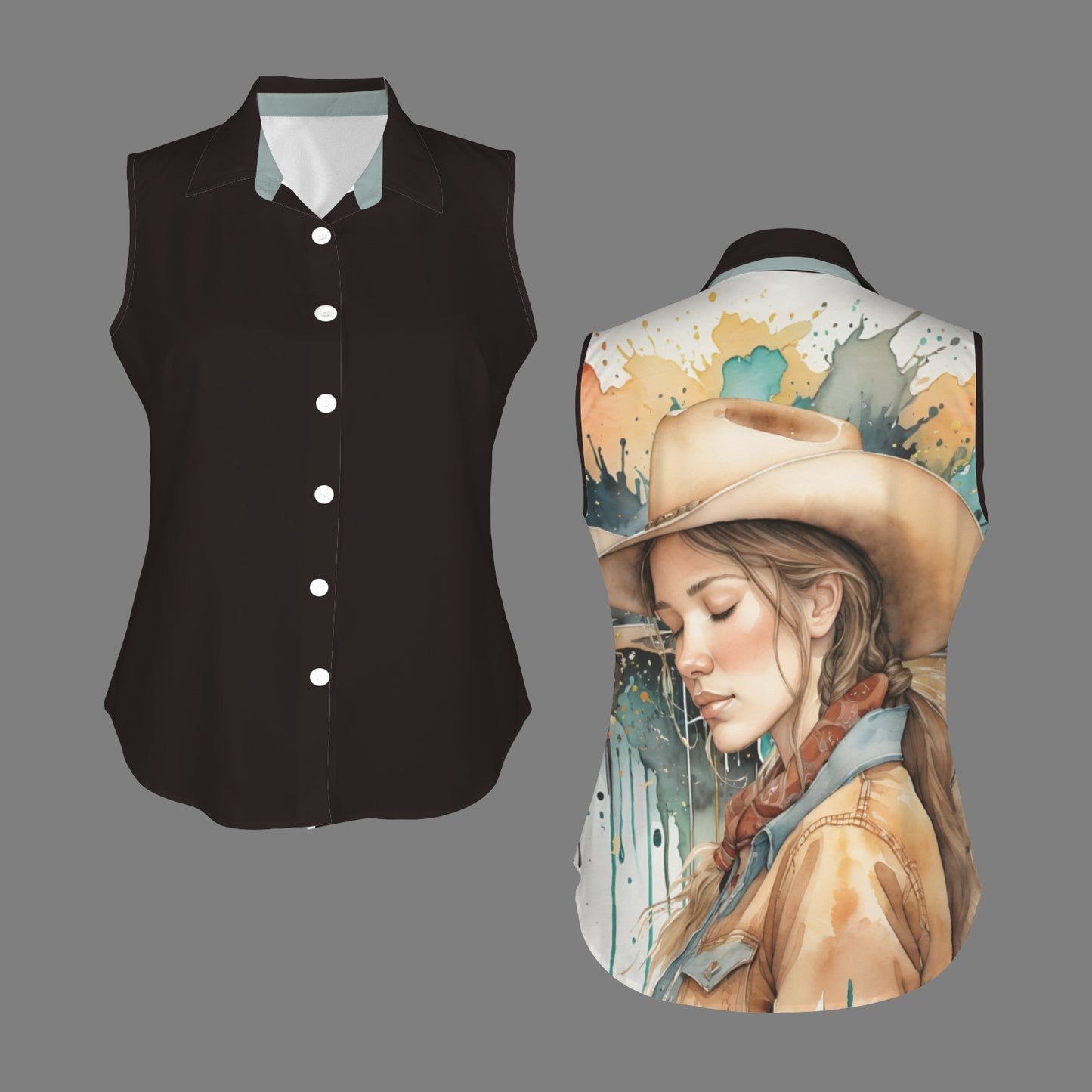 Button-front Sleeveless Blouse with Peaceful Cowgirl in Vibrant Colors - Jet Black