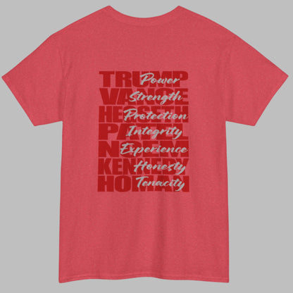 Cotton t-shirt imprinted in red with a gray overprint on the back of the names and strongest qualities of President Trump and his cabinet members / nominees. The front is imprinted on the left chest with 45/47 and the word Restoration overprinted in gray. 