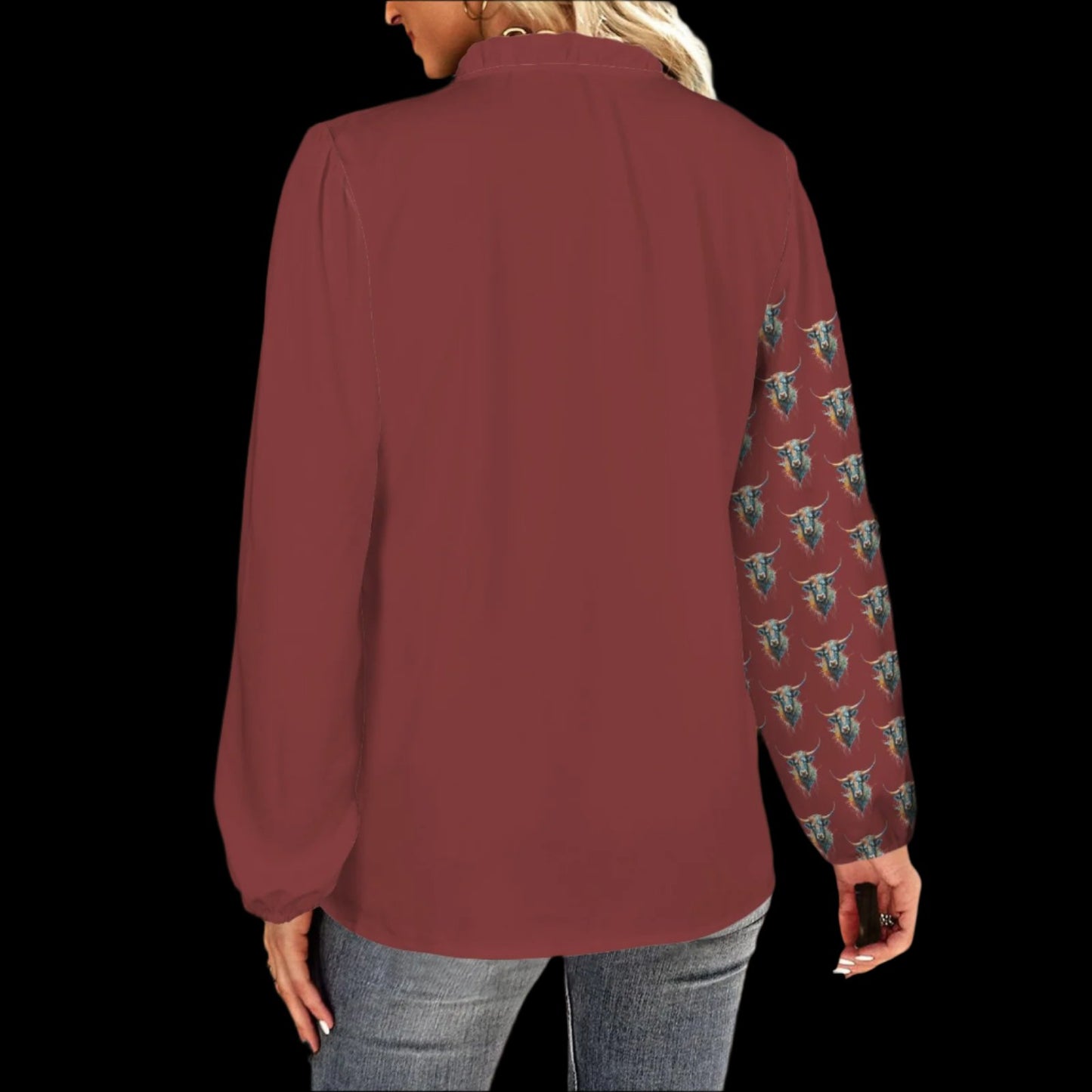 Watercolor Steer Pullover Ruffle Front - Winter Wine