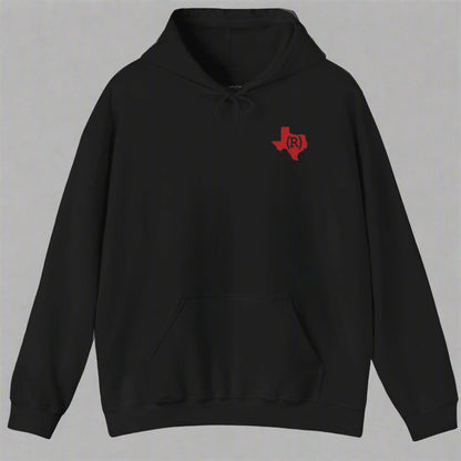 Black hoodie sweatshirt imprinted with a red shape of Texas on the chest which has a Republican (R) over the top. 