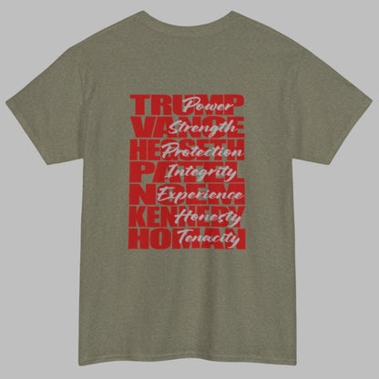 Cotton t-shirt imprinted in red with a gray overprint on the back of the names and strongest qualities of President Trump and his cabinet members / nominees. The front is imprinted on the left chest with 45/47 and the word Restoration overprinted in gray. 