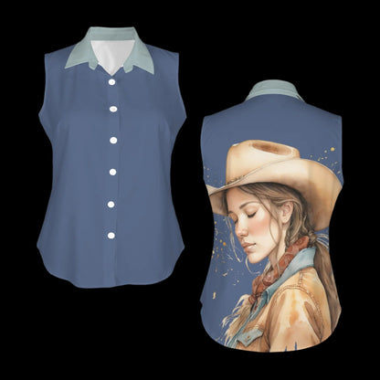 Button-front Sleeveless Blouse with Peaceful Cowgirl in Gray Tones - Cornflower Blue