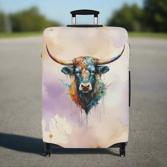 Watercolor Steer Longhorn Western Rodeo Wild West Steer Stretch Luggage Protector Cover - 3 Sizes - Lavender & Tan