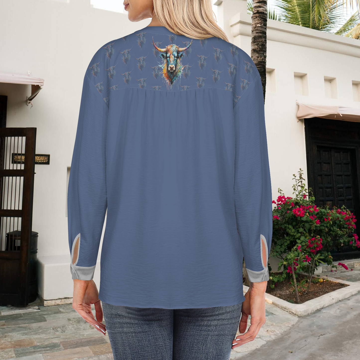 Watercolor Steer V-Neck Pullover Blouse - Cornflower Blue / Stone Gray