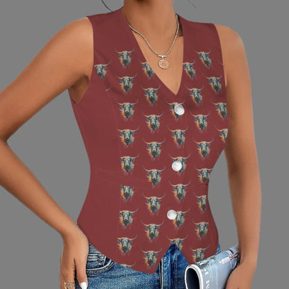 Watercolor Steer Winter Wine Fashion Vest + Button Front