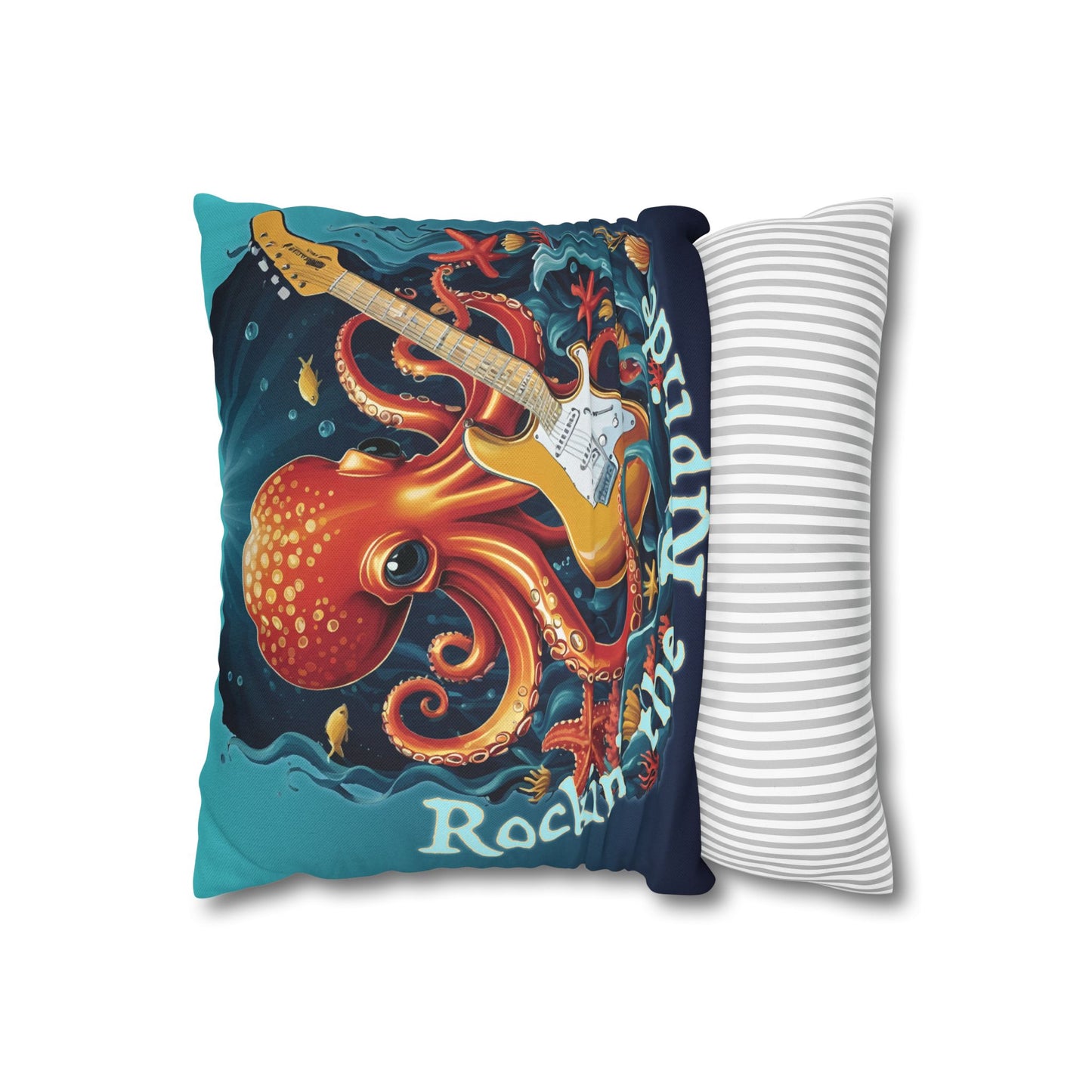 Mermaids, Pirates & Skallywags Sea Monster Octopus Rock and Roll Guitar Rockin' the Riptide, Ocean Decor, Beach Decor Pillow Case - 14" x 14"