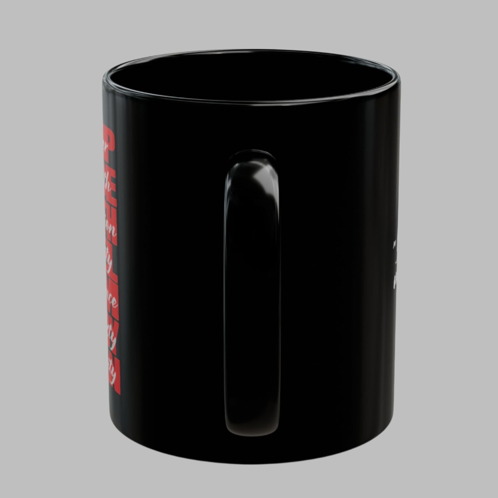 Glossy black ceramic coffee mug printed on both sides with the last names of some of the most influential people in Trump's new cabinet.  Trump, Vance, Hegseth, Patel, Noem, Kennedy, and Homan. Over each of their names we have added a quality then possess. On the vertical we have added 45/47 with Restoration overprinted.  