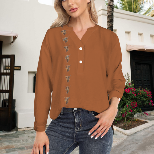 Watercolor Steer - V Neck Pullover Blouse - Russet