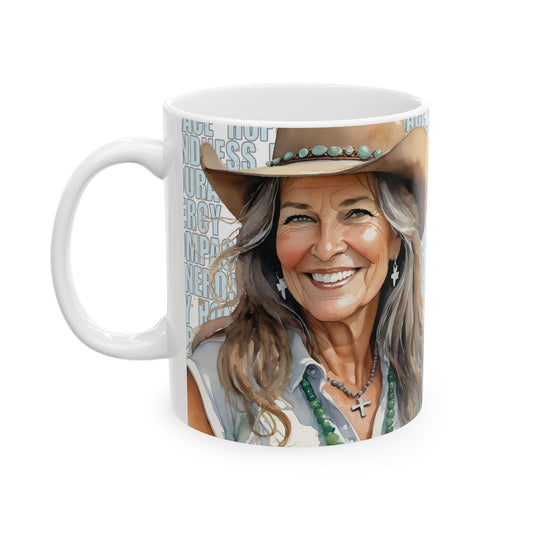 Joyful "Claire" Cowgirl over Positive Words White Ceramic Mug - 11 oz. or 15 oz.