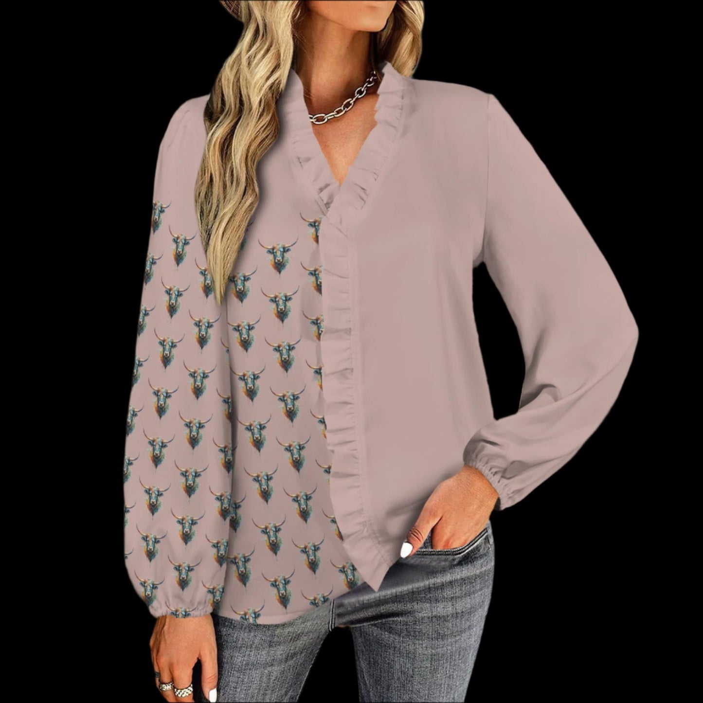 Watercolor Steer Pullover Ruffle Front - Dusty Rose