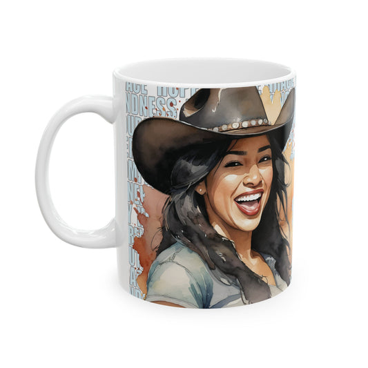 Joyful Young Black Cowgirl with Positive Words White Ceramic Mug, (11oz or 15oz)
