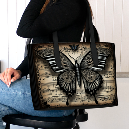 Oversize high quality vegan leather tote bag shown with black details. Beautiful antique-look piano inspired butterfly imprint over antiqued sheet music. Bag available with alternative brown details.