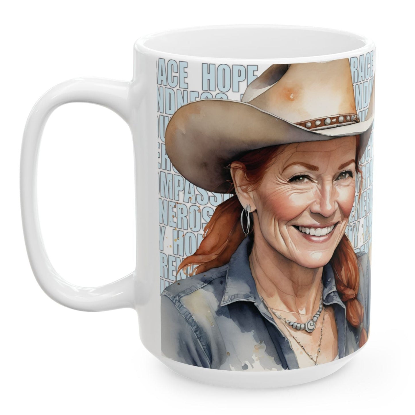 Joyful "Tracy" Redhead Ginger Cowgirl and Positive Words White Ceramic Mug (11oz or 15oz)