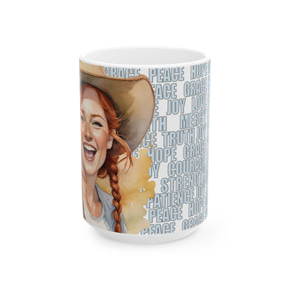 Joyful Young Redhead Cowgirl with Positive Words White Ceramic Mug, (11oz or 15oz) **FREE SHIPPING**