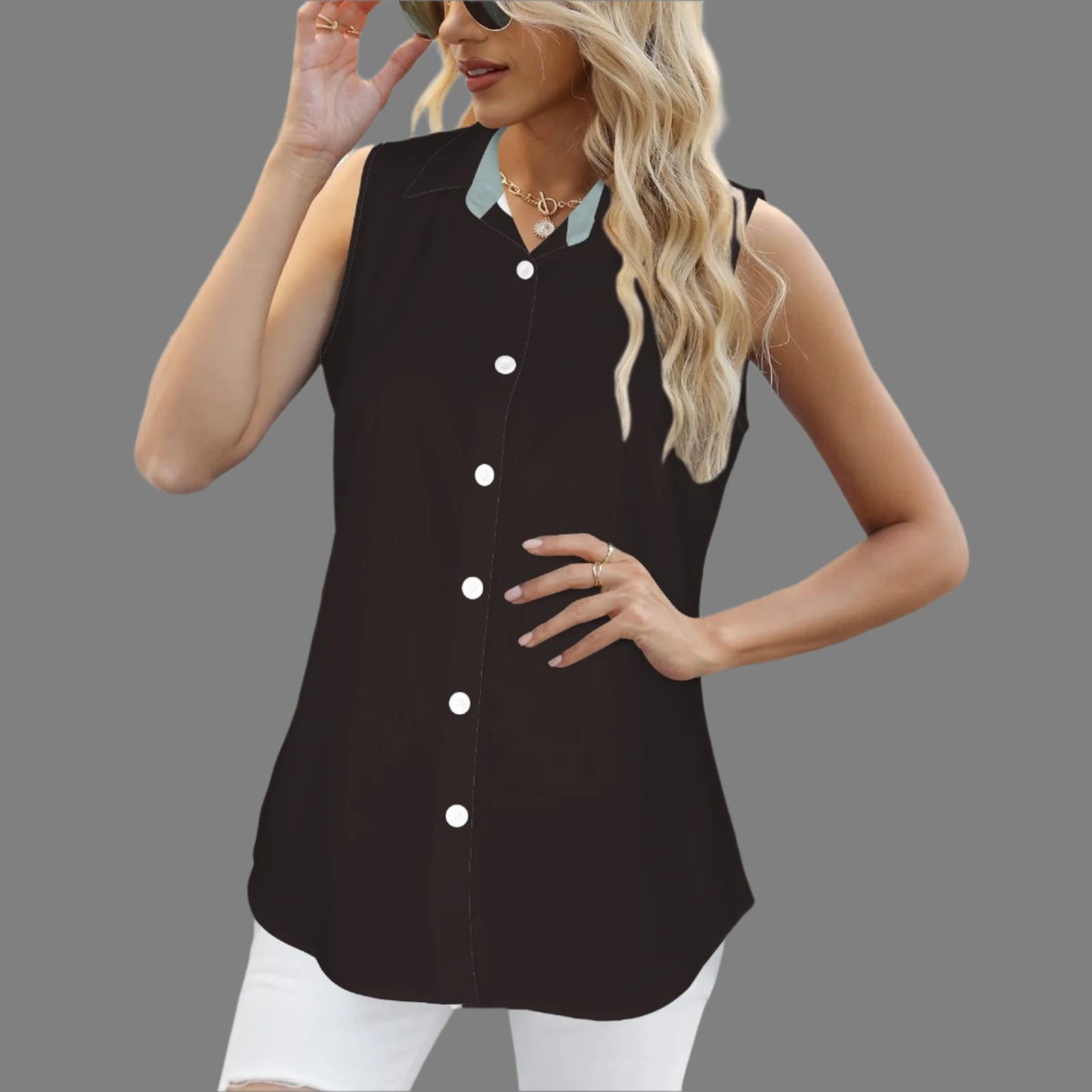 Button-front Sleeveless Blouse with Peaceful Cowgirl in Warm Tones - Jet Black