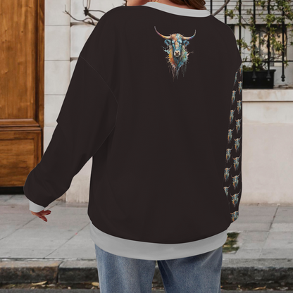 Watercolor Steer Crew Neck Dropped Shoulder Sweatshirt - Jet Black / Stone Gray